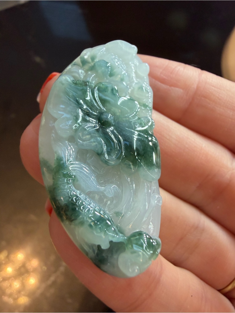 Green and White Type A Jadeite Fish and Flowers Pendant - Brand Unspecified